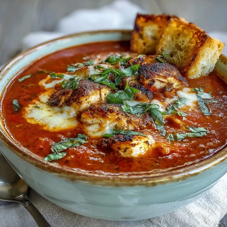 Serving suggestion for Grilled Chicken Parmesan Soup with shredded Parmesan and mozzarella, paired with crusty bread for dipping.