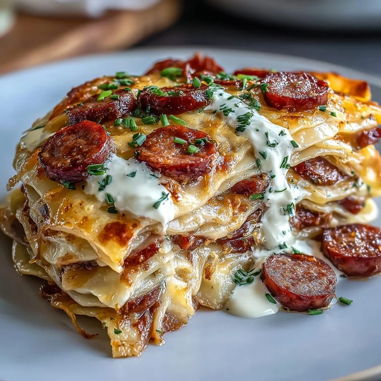 Creamy Crockpot Pierogi Casserole With Kielbasa garnished with fresh parsley and melted cheese.