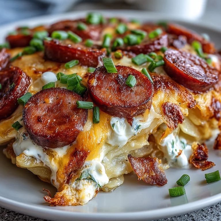 Steam rises from a serving of Crockpot Pierogi Casserole With Kielbasa and onions.