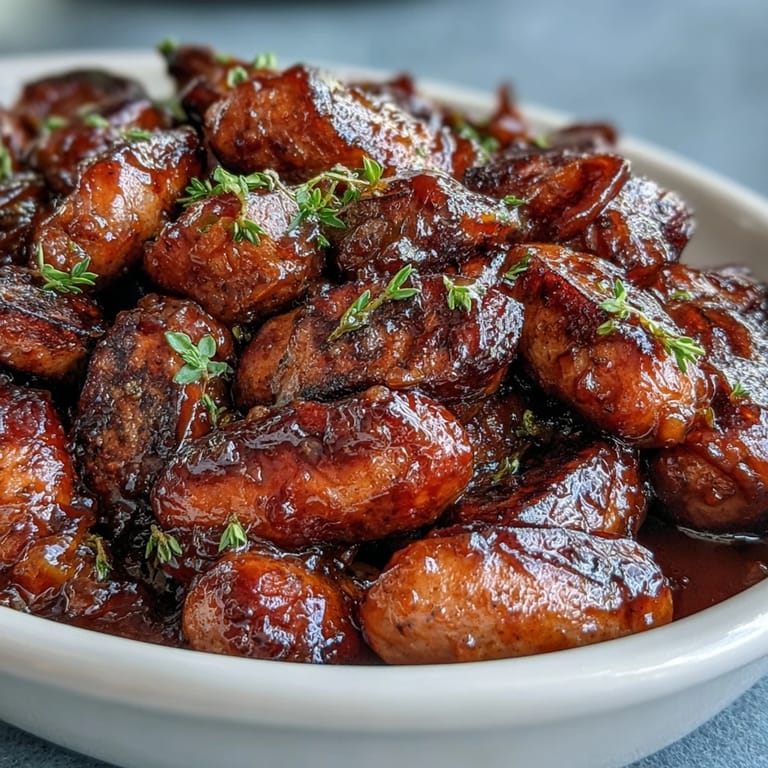 Easy slow cooker party appetizer with glazed sausages for game day snack.