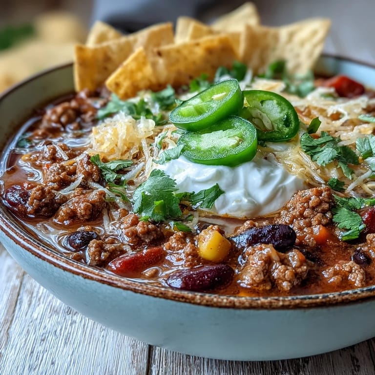 Close-up of Taco Soup ingredients including seasoned ground beef, black beans, corn, and diced tomatoes simmering in a pot.