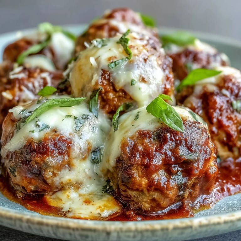 Juicy, cheesy Italian meatballs with minced garlic and fresh parsley, garnished with basil and served with crusty bread.