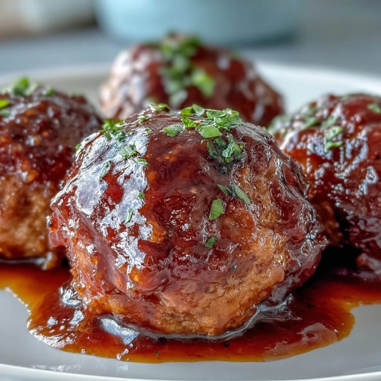 Platter of glazed Slow Cooker Peach Glazed Meatballs with a wooden spoon, ideal for an easy weeknight family dinner.