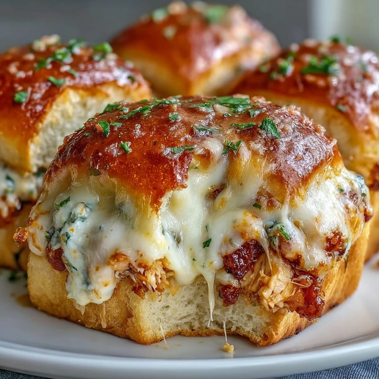 Fresh parsley garnish and celery sticks sit beside these warm, cheesy sliders, perfect for a game day snack.