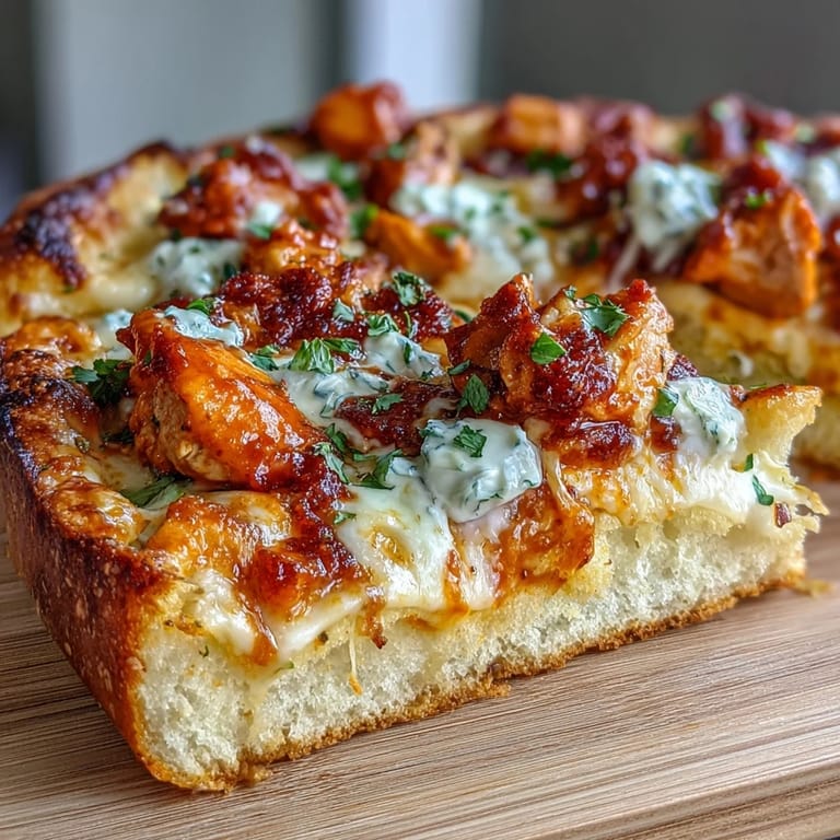 Close-up of Buffalo Chicken Pizza with bubbly cheese, saucy chicken, and a drizzle of hot sauce, perfect for game day.