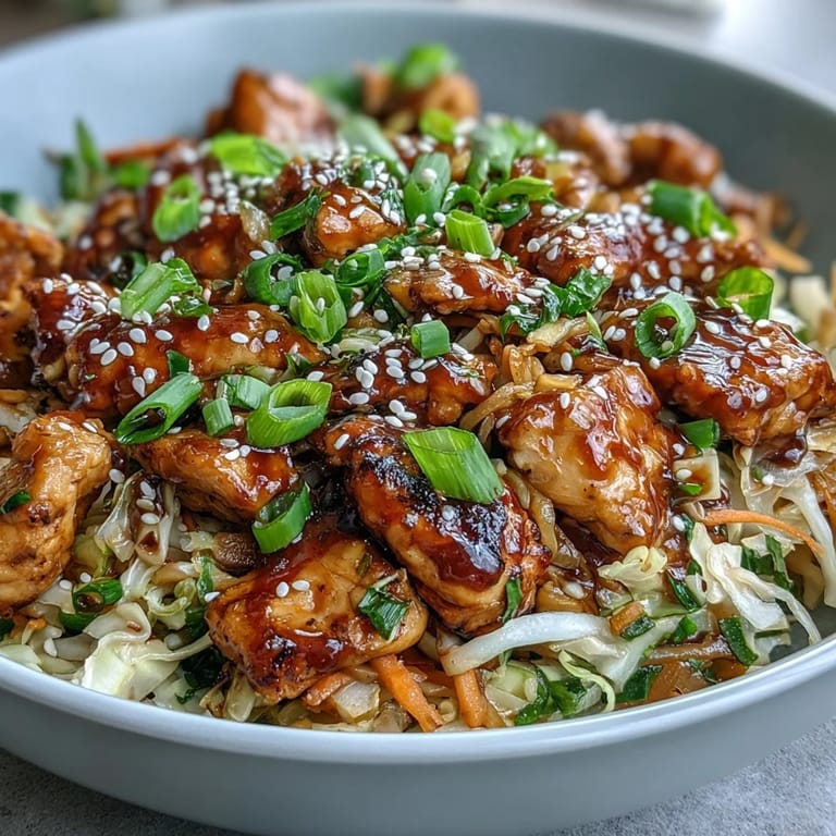 Sizzling skillet of Egg Roll Bowls with Chicken and Cabbage, topped with spicy chili crisp and sesame seeds.