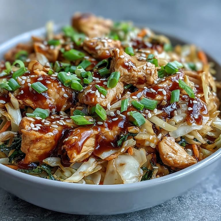 Steam rises from savory Egg Roll Bowls with Chicken and Cabbage featuring tender chicken and crisp vegetables.