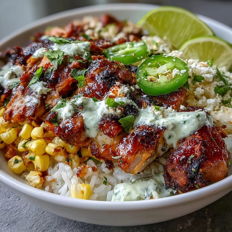 Colorful Street Corn Chicken and Rice Bowl garnished with cotija cheese and jalapeños, served as a hearty Mexican-inspired dinner for four.