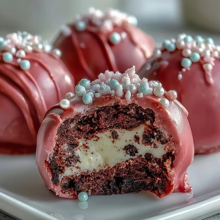 Delicious Oreo Truffle Balls with pink candy coating are arranged on a baking sheet with festive rainbow sprinkles.