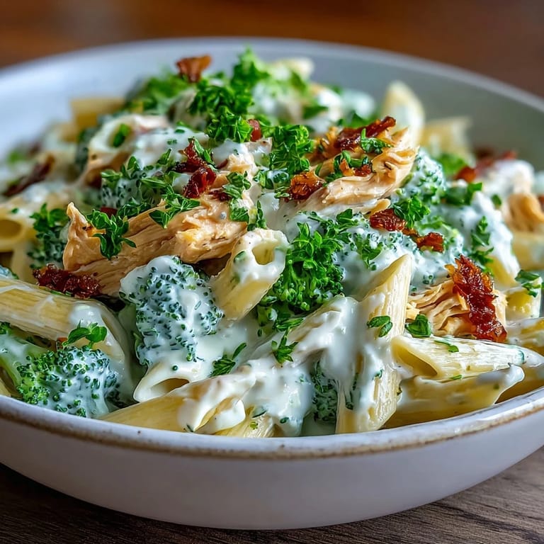 Skillet of High Protein Rotisserie Chicken Broccoli Pasta topped with grated Parmesan and a squeeze of fresh lemon.