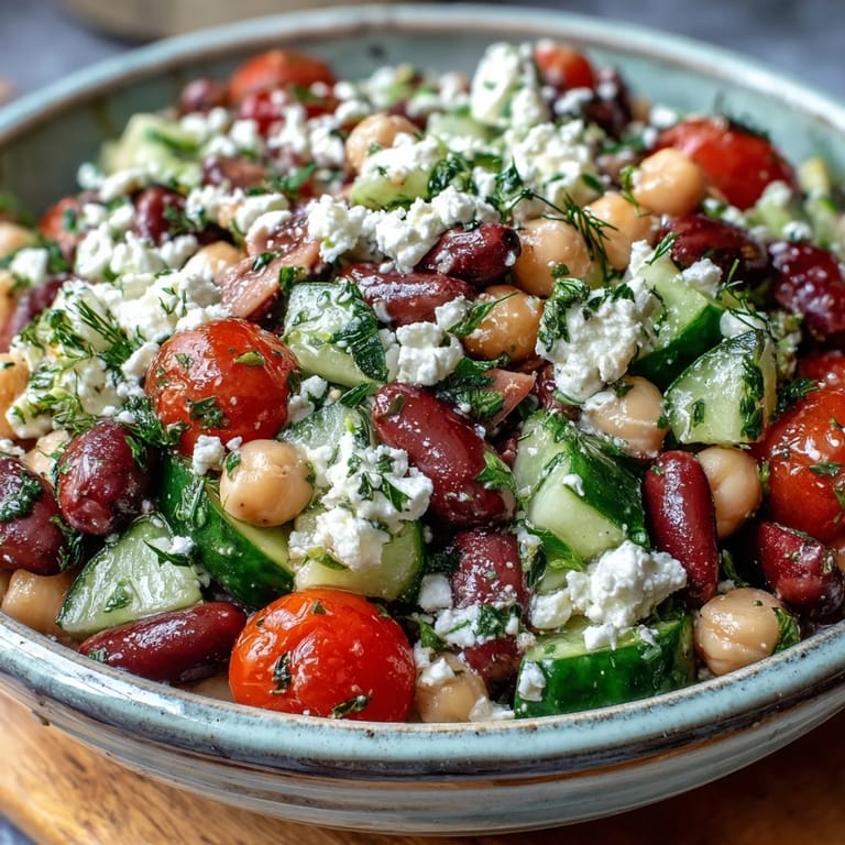 Freshly tossed Greek Bean Salad with zesty lemon dressing, red onion, and ripe tomatoes, ready to serve on a sunny table.
