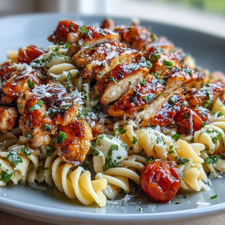 This hearty Bruschetta Chicken Pasta is served family-style, featuring vibrant red tomatoes, green basil, and golden chicken with a splash of balsamic.