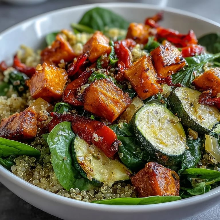 A visually impaired viewer can imagine this colorful Warm Salad Bowl featuring wilted spinach, roasted vegetables, and a drizzled warm vinaigrette.