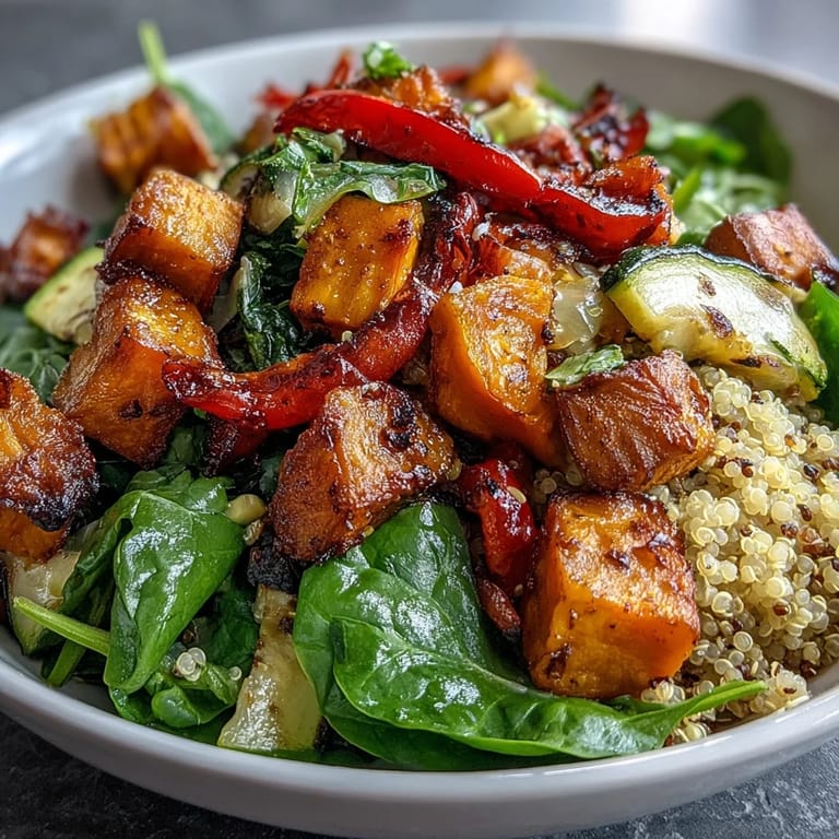 This nourishing Warm Salad Bowl is topped with crumbled feta, pumpkin seeds, and fresh herbs on a rustic table.