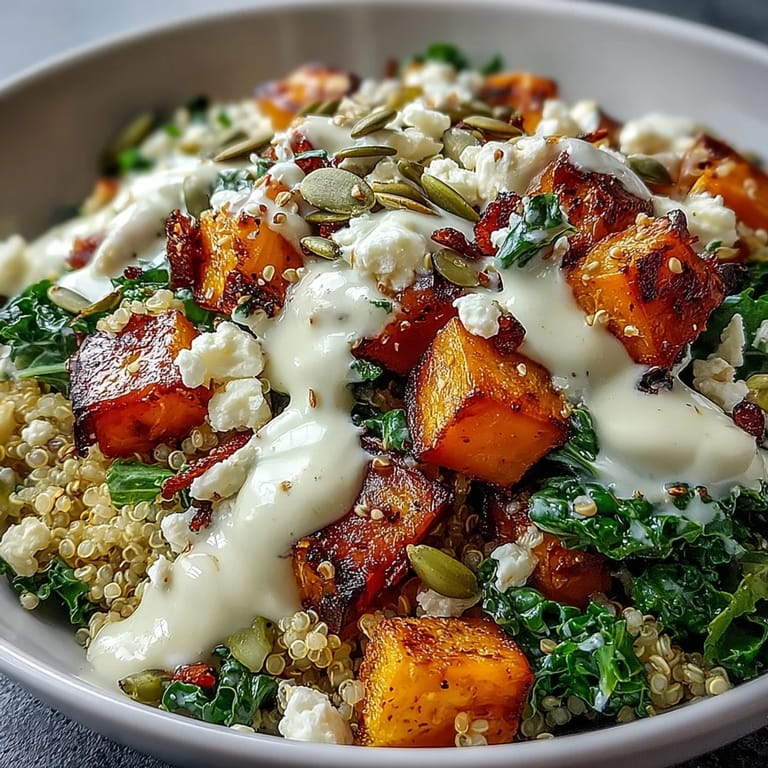 Bright green kale and creamy tahini dressing top this Hearty Winter Grain Bowl, garnished with pumpkin seeds.