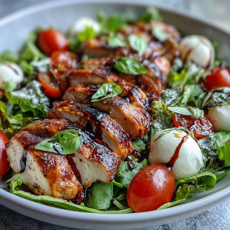 Grilled chicken, mozzarella pearls, and cherry tomatoes create a fresh Caprese Chicken Bowl, finished with a glossy swirl of balsamic glaze.