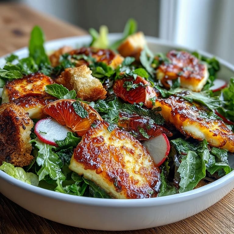 A close-up of Halloumi Blood Orange Fattoush salad featuring mint, parsley, radish, and a drizzle of tangy sumac pomegranate dressing.