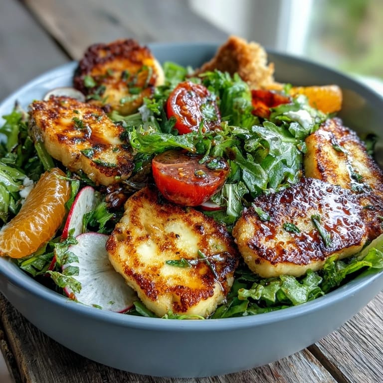Warm Halloumi Blood Orange Fattoush served on a platter with cherry tomatoes, cucumber, and golden baked croutons for a fresh vegetarian lunch.