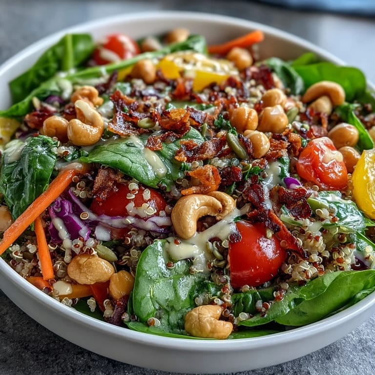 Colorful rainbow salad bowl filled with crunchy veggies, chickpeas, and cashews, served on a white plate for a perfect nutrient-packed lunch.