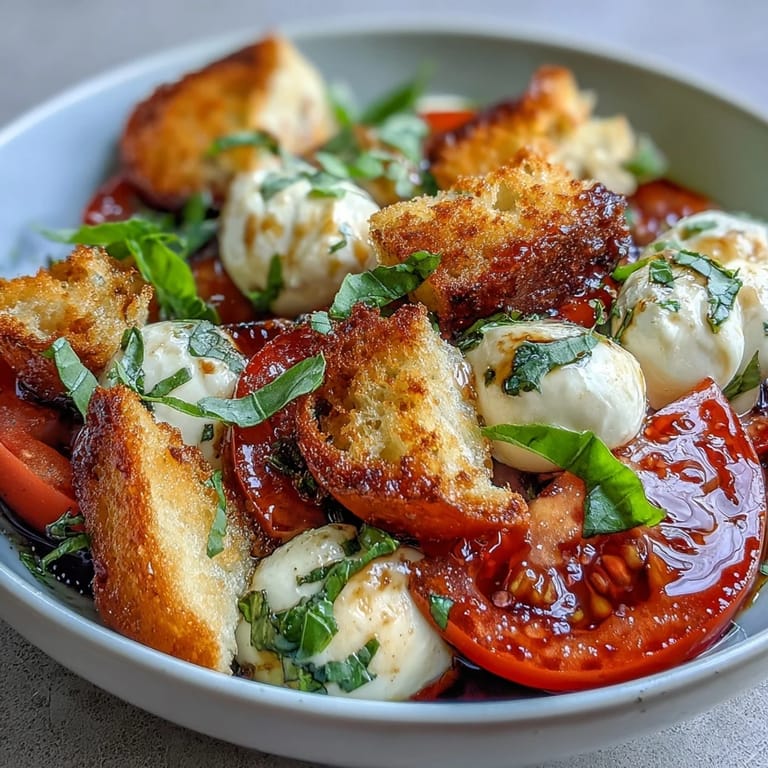 Close-up of a vibrant Caprese Salad Bowl with juicy tomatoes, mozzarella, basil, olive oil, and crispy bread chunks.