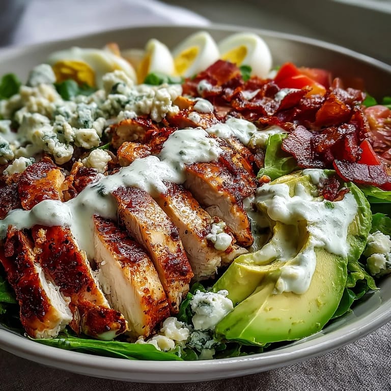 American-style Cobb Salad Bowl garnished with rich avocado and blue cheese, ready to serve with ranch dressing.