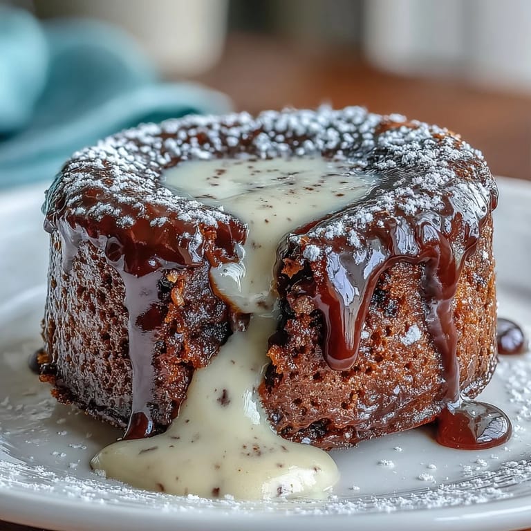 Golden-edged Hojicha White Chocolate Lava Cake is served warm with fresh berries and powdered sugar.