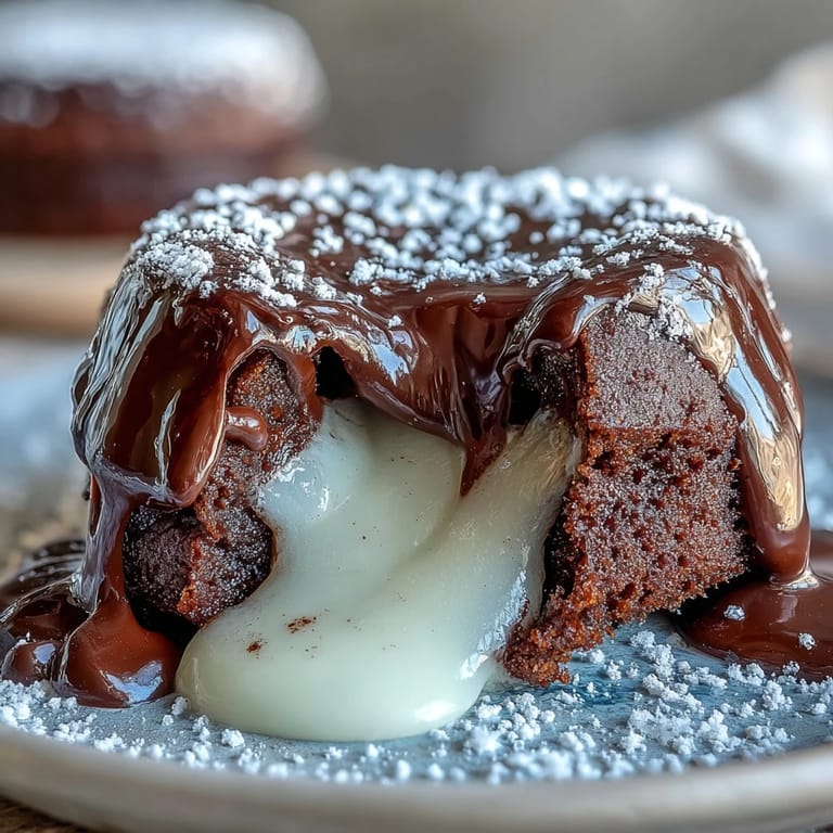 Decadent Hojicha White Chocolate Lava Cake with a gooey white chocolate filling sits beside a cup of tea.
