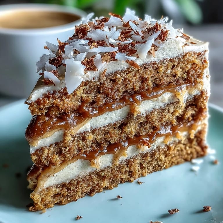 A slice of Vegan Hojicha Latte Cake reveals moist layers and a dusting of roasted hojicha powder.