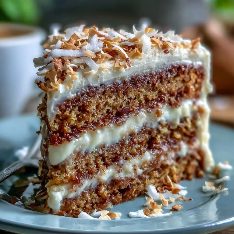 Served Vegan Hojicha Latte Cake topped with toasted coconut flakes, perfect for an afternoon tea treat.