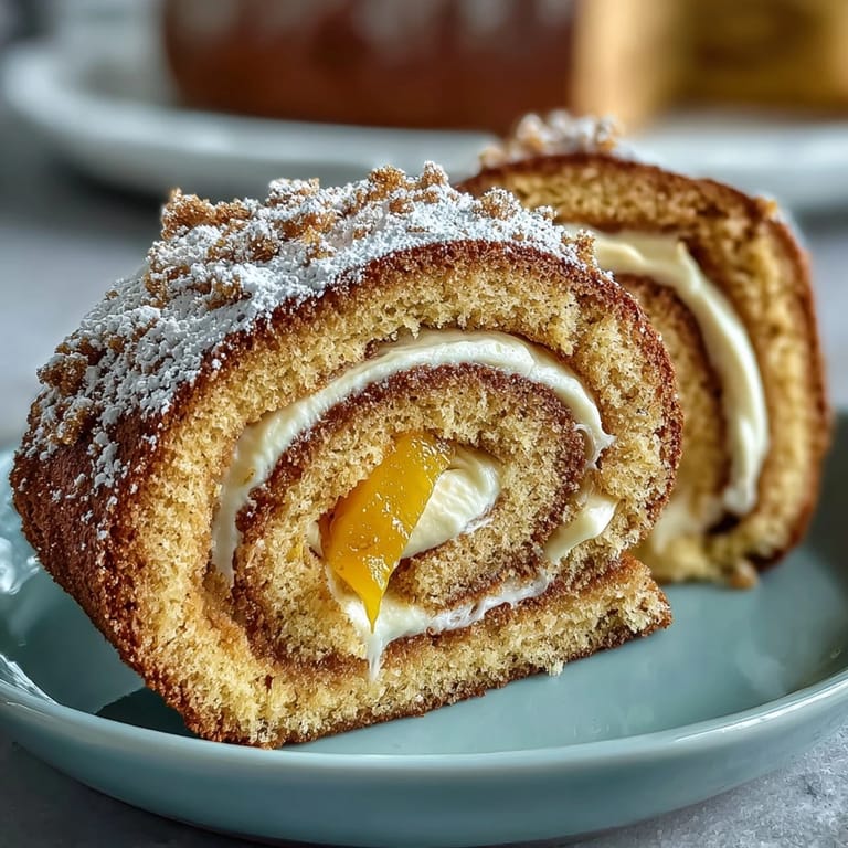 Freshly sliced Hojicha Roll Cake on a plate with a cup of tea, ready to serve.