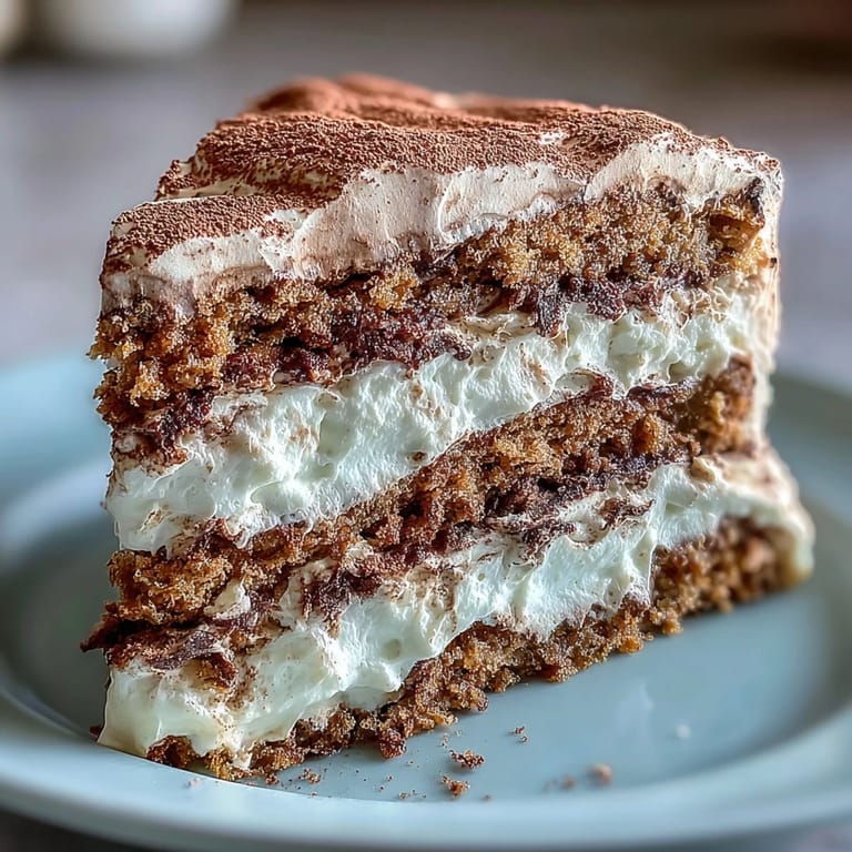 A slice of Fluffy Hojicha Cake reveals golden genoise layers and rich, tan whipped cream, dusted lightly with hojicha powder beside a teacup.
