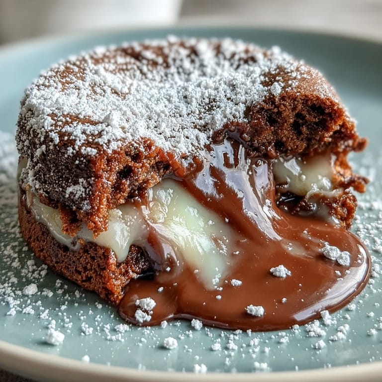 Perfectly plated Hojicha Lava Cake with a dusting of cocoa powder, showing the gooey roasted green tea center. A golden white chocolate cake surrounds the molten core, ready to be paired with vanilla ice cream.