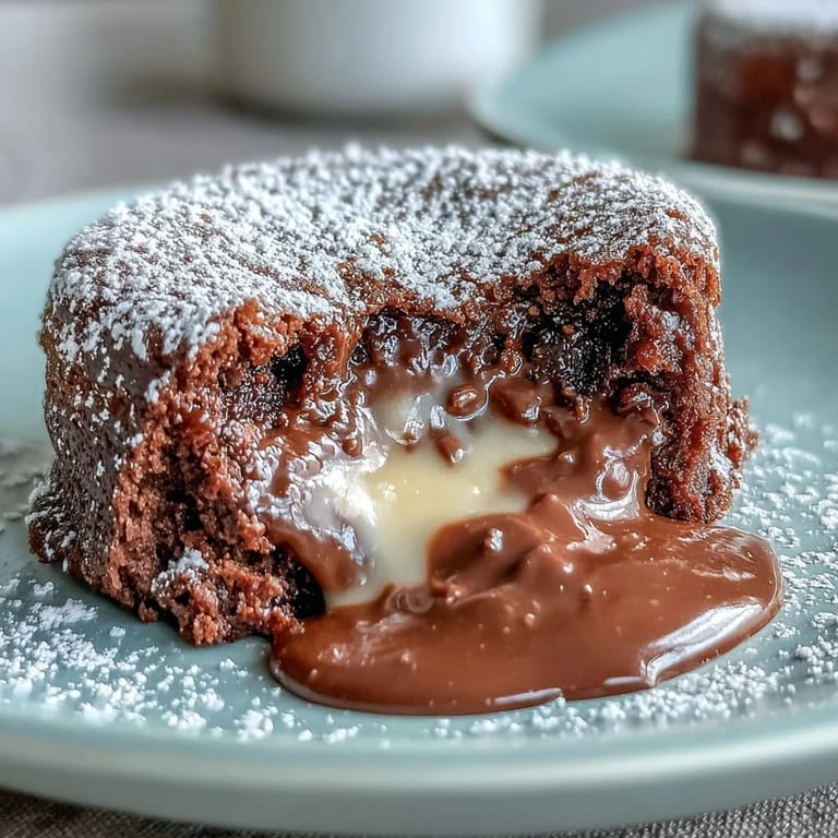 Hojicha Lava Cake with a cracked top revealing a warm, flowing hojicha ganache interior. The baked dessert is served immediately after cooking to maintain the signature molten texture of this Japanese fusion treat.