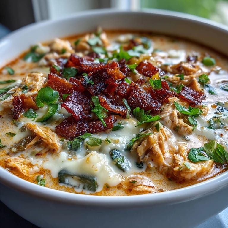 Hearty Spicy Jalapeño Popper Chicken Soup served with fresh cilantro and a side of crusty bread.