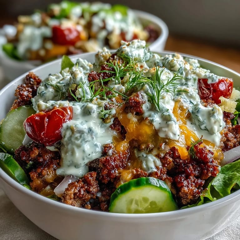 Colorful meal prep bowls filled with High-Protein Cheeseburger Bowls, melted cheddar, onions, and a tangy Greek yogurt dressing.