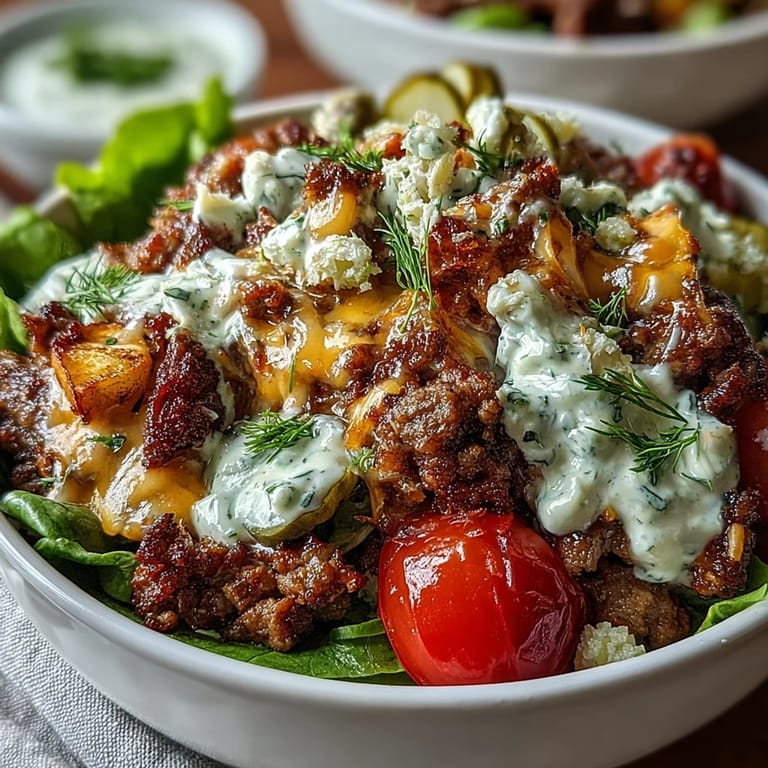 Savory Low-Carb High-Protein Cheeseburger Bowls topped with juicy ground beef, shredded cheese, and fresh veggies, ready to serve.