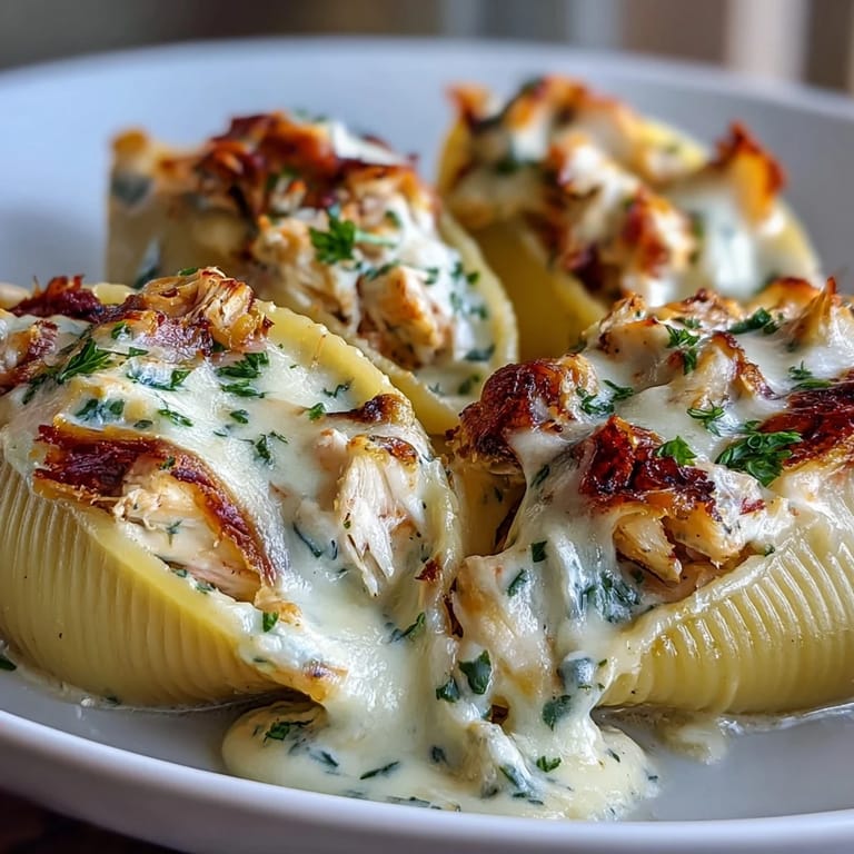 Tender jumbo pasta shells filled with rich lobster and crab mixture, swimming in a cheesy sauce.