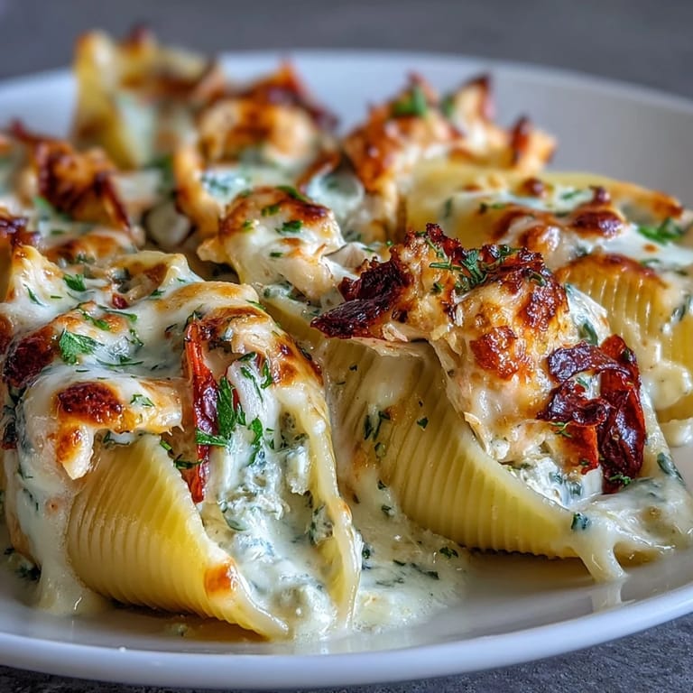 A serving spoon lifts a creamy Creamy Seafood Stuffed Shell from the baking dish, revealing melted cheese.