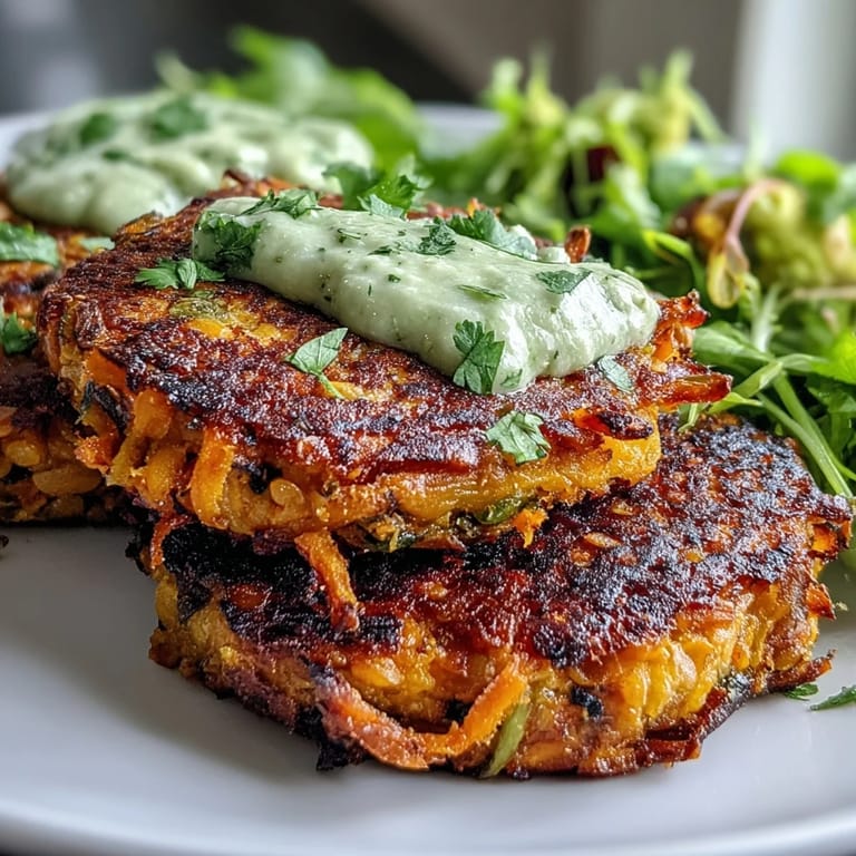 Crispy Sweet Potato & Red Lentil Patties topped with creamy avocado cilantro sauce for dipping.