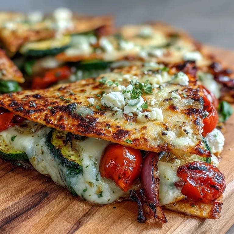 Golden whole wheat quesadilla wedges served on a plate with fresh herbs and creamy hummus dip.