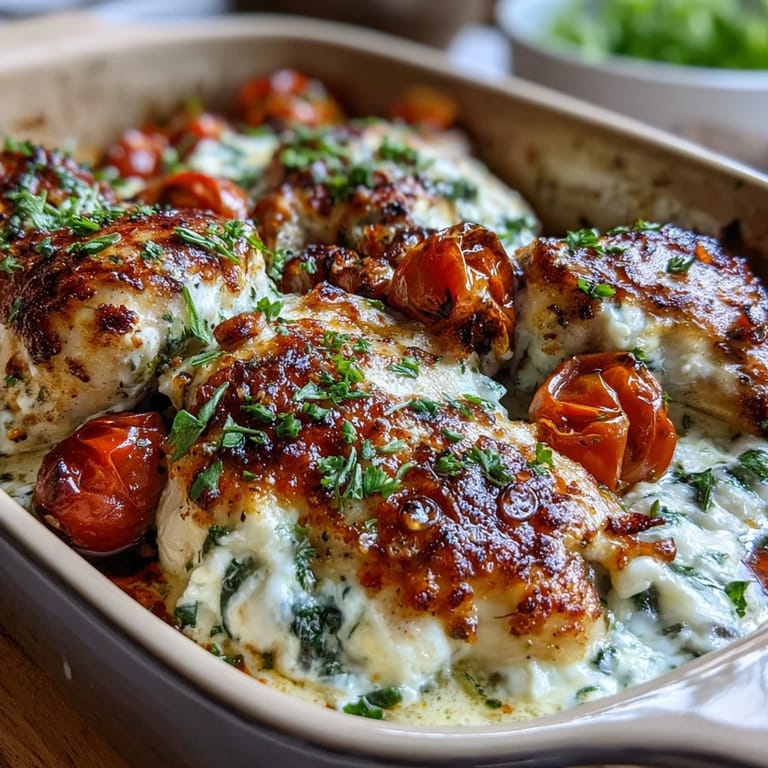 Healthy High Protein Chicken Bake served with fresh spinach and roasted cherry tomatoes, perfect for an easy weeknight dinner.