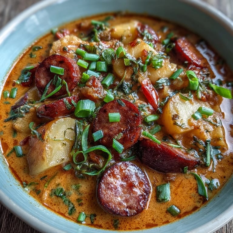 A hearty ladle of Creamy Cajun Potato Soup with Andouille Sausage, featuring tender potatoes and spicy sausage.