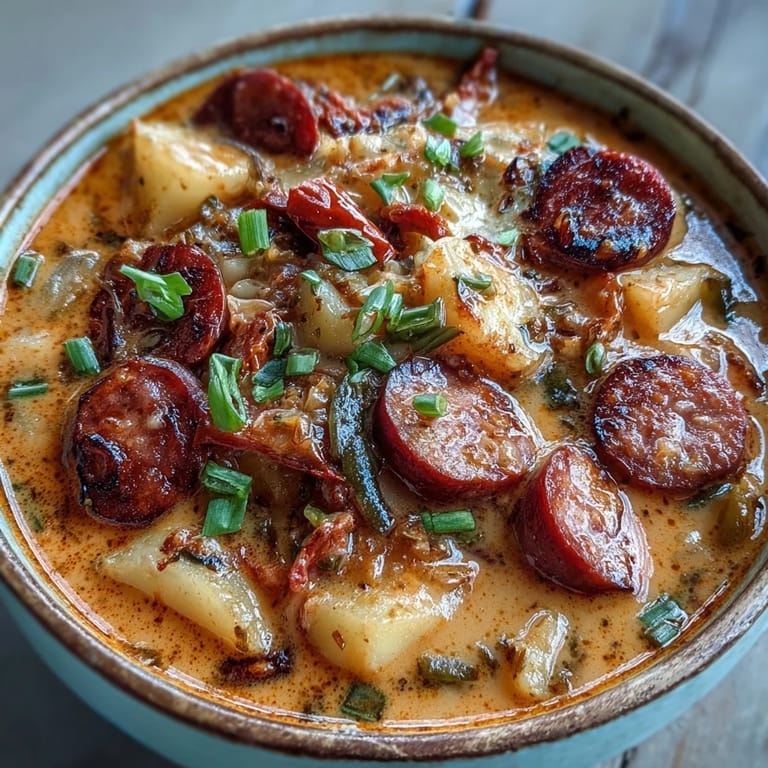 Steam rising from a serving of Creamy Cajun Potato Soup with Andouille Sausage, garnished with fresh chives.