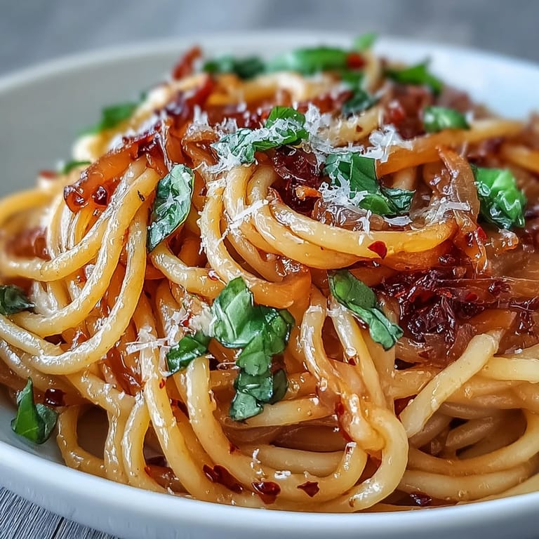 Plated Caramelized Onion Pasta with Chili Oil and golden onions, ready to enjoy hot.