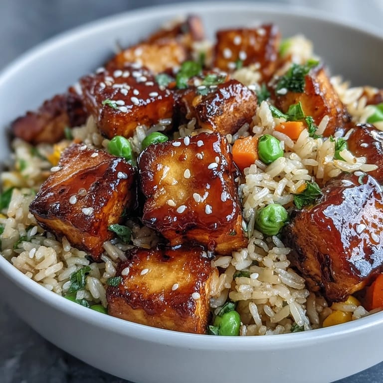 Fresh scallion greens and toasted sesame seeds garnish a generous serving of Crispy Sesame Tofu Fried Rice, ready to enjoy.