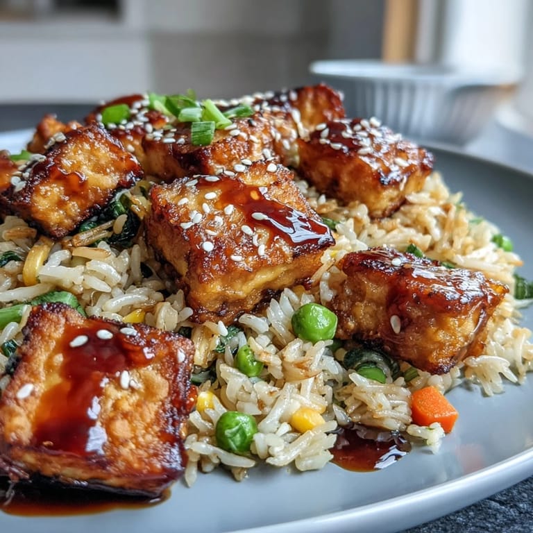 Sizzling skillet view of weeknight Crispy Sesame Tofu Fried Rice, featuring golden tofu, peas, carrots, and corn.