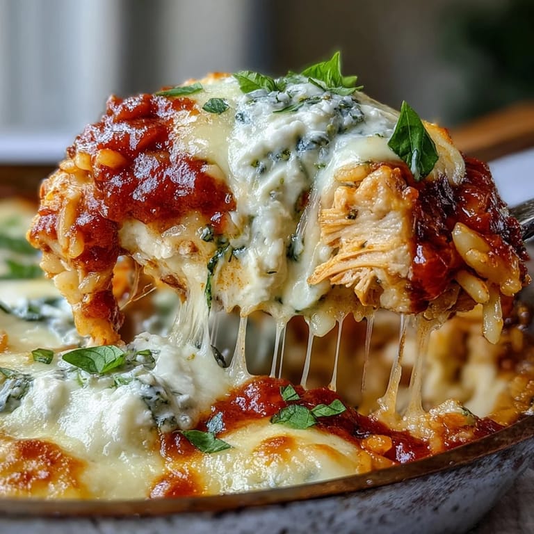 Steam rising from One-Pan Creamy Chicken Lasagna Orzo with tender chicken and cherry tomatoes.
