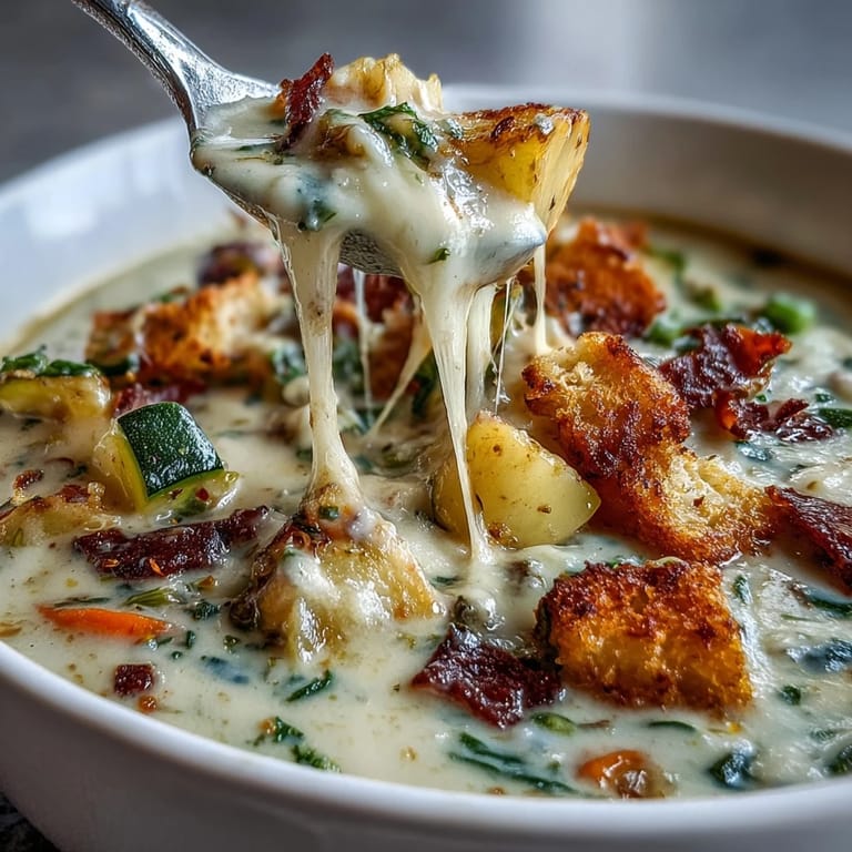Hearty, meatless Creamy Garlic Parmesan Veggie Soup with corn, peas, and potatoes, served hot alongside crusty artisan bread for dipping.