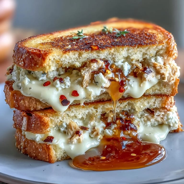 Close-up on a golden Goat Cheese & Hot Honey Chicken Grilled Cheese, garnished with chili flakes, ready to be dipped in tomato soup.