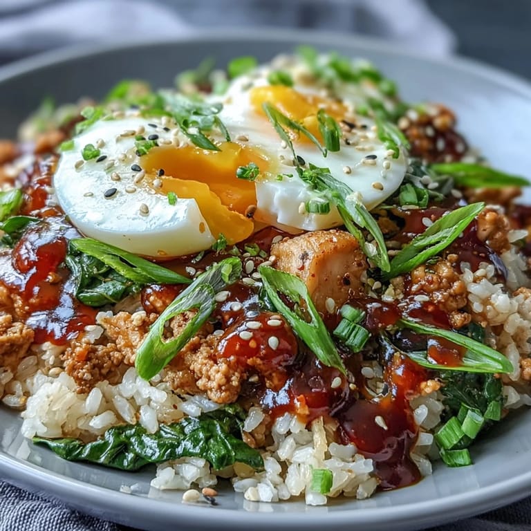 A hearty serving of Creamy Korean Turkey Rice Skillet showcases fluffy rice and ground turkey coated in a glossy, spicy gochujang sauce.